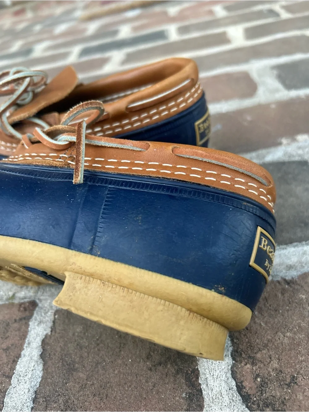 LL Bean Duck Boot Shoes Navy Blue Tan Leather Classic Rain Winter USA 6